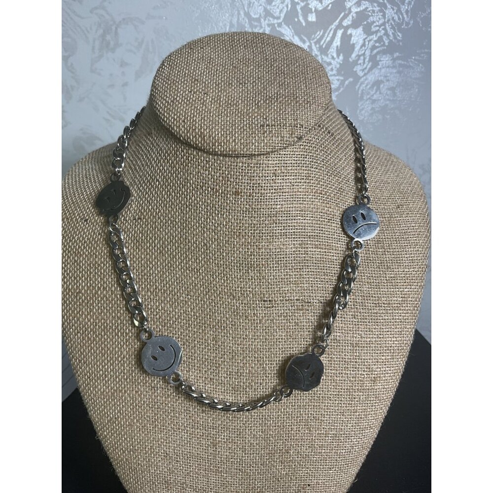 Smiley Face Charm Necklace Silver Chain With Lobster Clasp